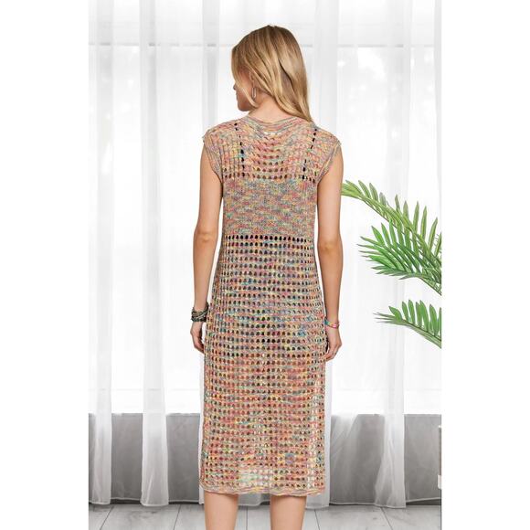 ADORA Multi Color Sleeveless Round Neck Side Slit Crochet Tunic Top | Rainbow - Picture 3 of 6